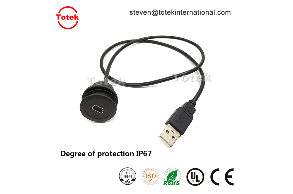 customized length USB A Male To Mini USB Female Waterproof IP67 automotive Dashboard Panel Mount cable